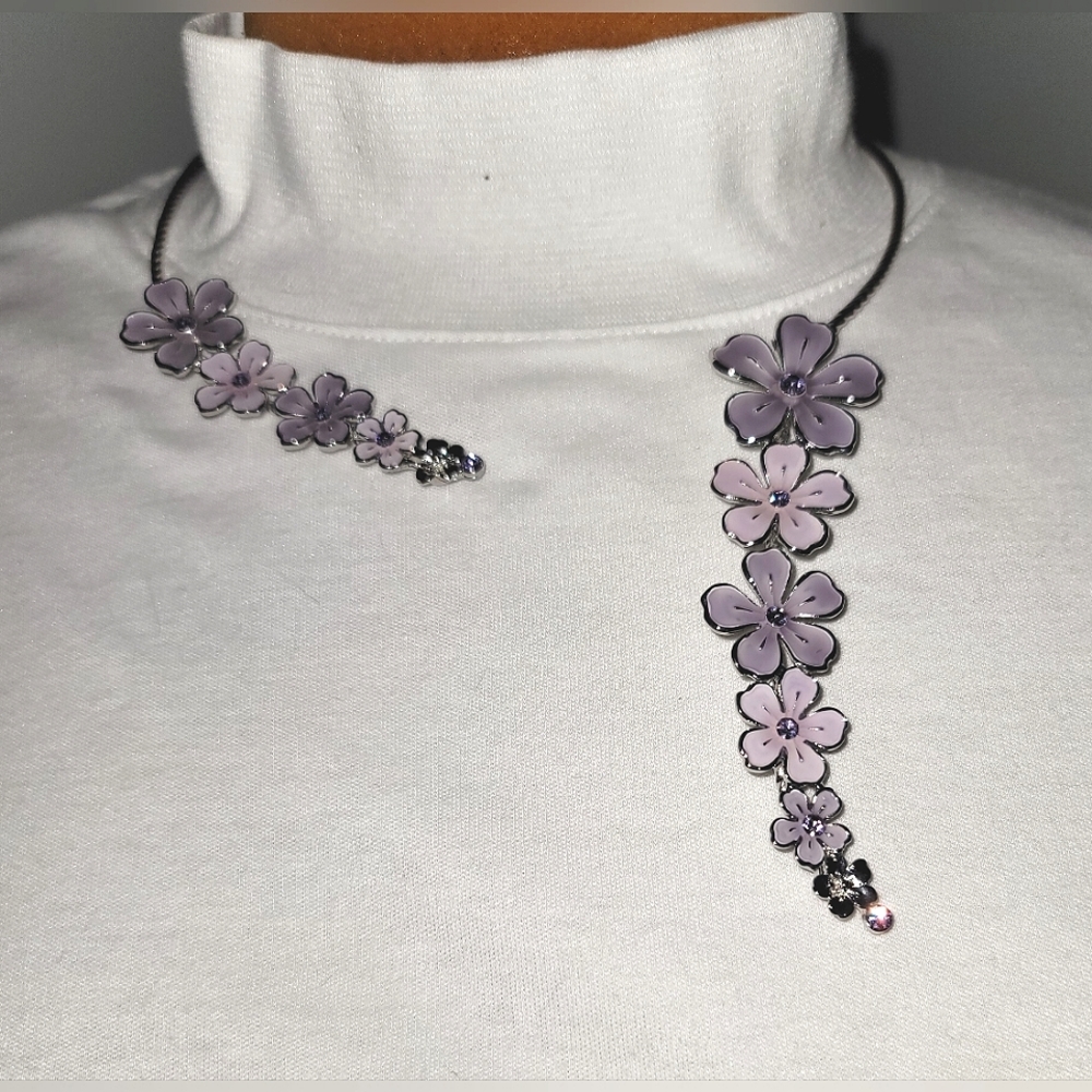 Unique lavender enamel flowers on silver open cuff necklace